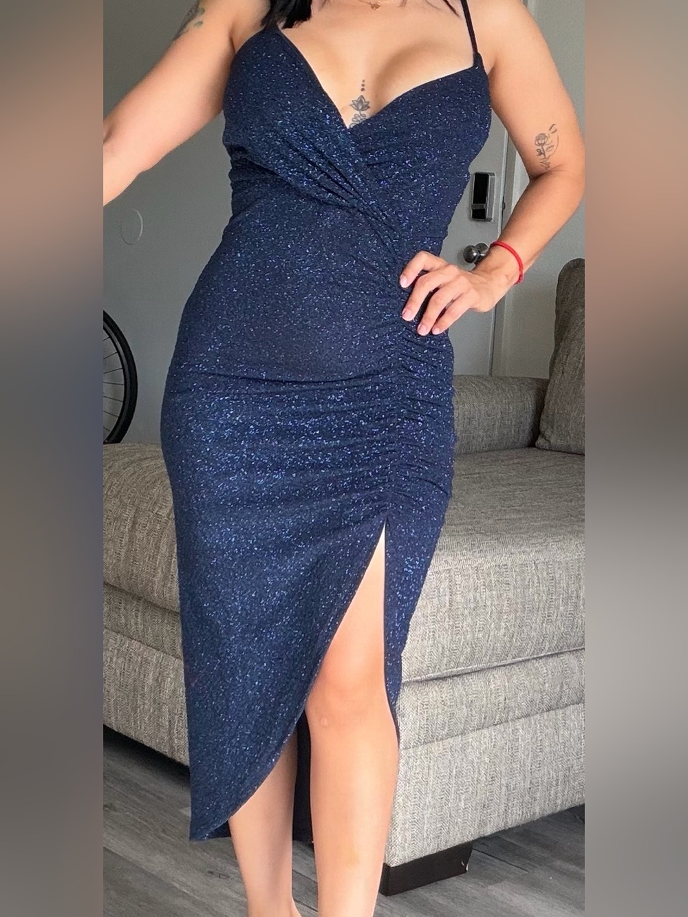 Windsor Navy Sparkle Ruched Midi Dress with High Side Slit